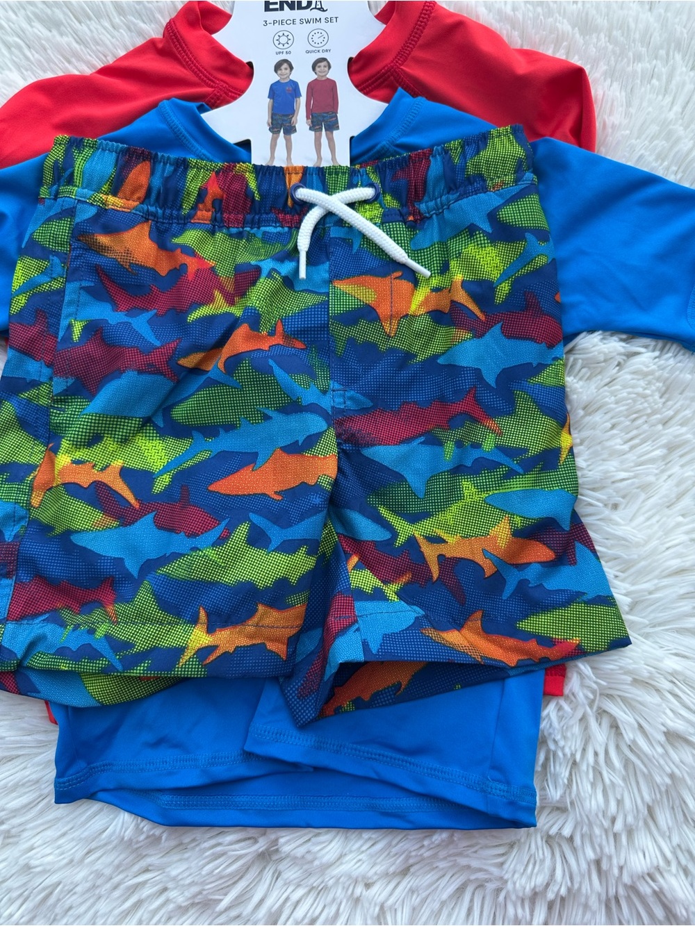 Lands' End Toddler 3-Piece Swim Set - Red & Blue Shark Print size 4T